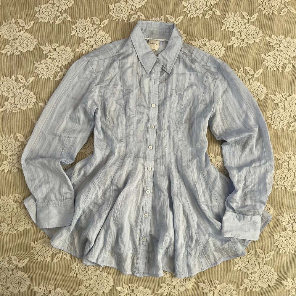 Maeve Anthropologie Light Blue Pleated Peplum Button Up Blouse Size S NWT